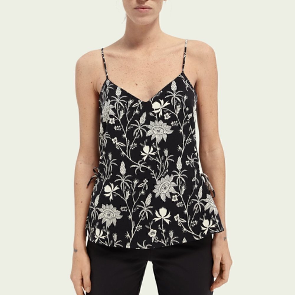 Scotch & Soda floral tank top blouse shirt black white side tie women new Small